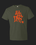 army green t-shirt with graffiti handstyle logo in orange "ALL DAY"