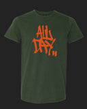 Dark green t-shirt with graffiti handstyle logo in orange "ALL DAY"
