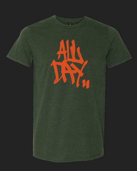 Dark green t-shirt with graffiti handstyle logo in orange "ALL DAY"