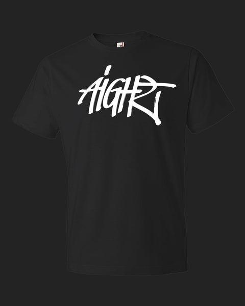 black t shirt with white graffiti logo "aight" tagged on it