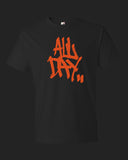 Black t-shirt with graffiti handstyle logo in orange "ALL DAY"