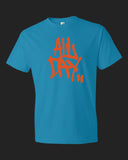 caribbean blue t-shirt with graffiti handstyle logo in orange "ALL DAY"