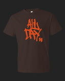 Brown t-shirt with graffiti handstyle logo in orange "ALL DAY"