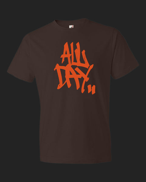 Brown t-shirt with graffiti handstyle logo in orange "ALL DAY"