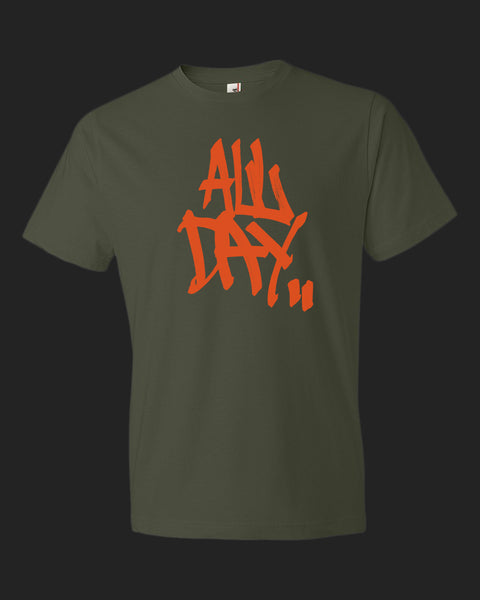 army green t-shirt with graffiti handstyle logo in orange "ALL DAY"