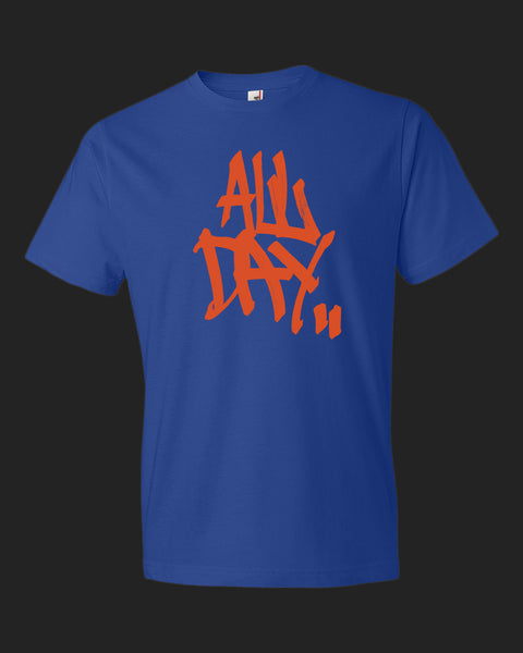 royal blue t-shirt with graffiti handstyle logo in orange "ALL DAY"