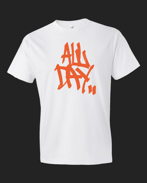 White t-shirt with graffiti handstyle logo in orange "ALL DAY"