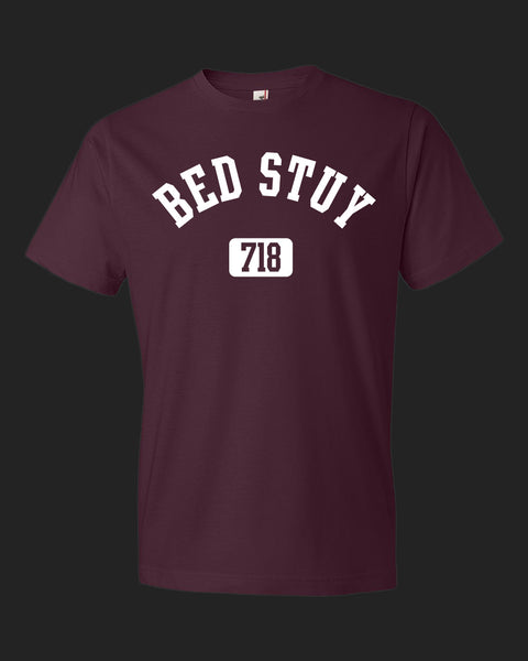 Brooklyn Bed Stuy 718 T-Shirt, maroon with white print