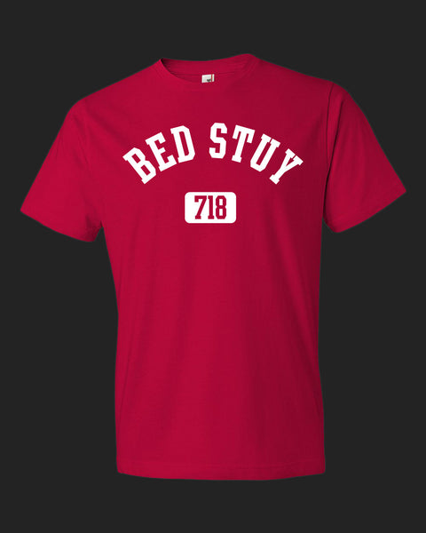 Brooklyn Bed Stuy 718 T-shirt, red with white print